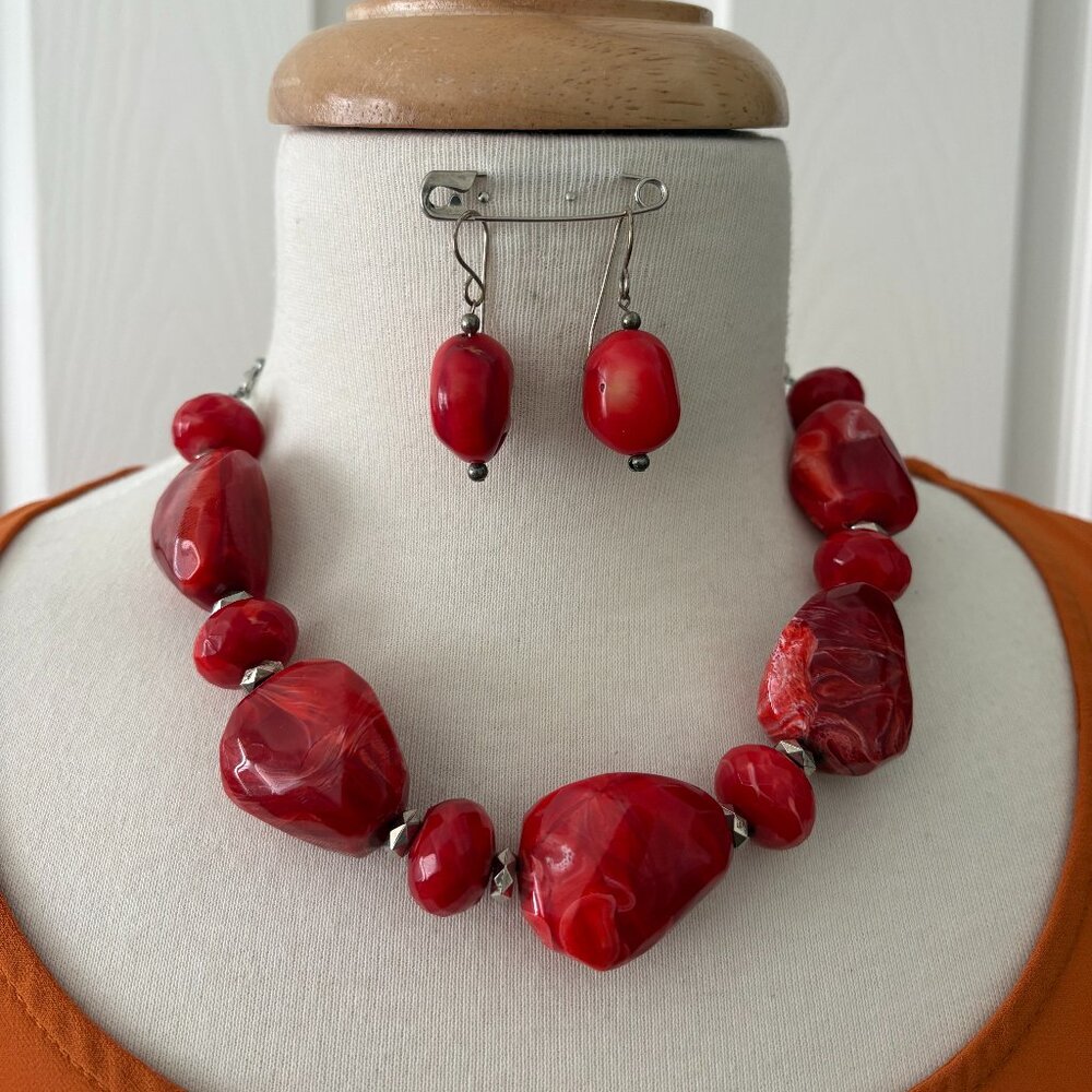 Chunky Red Acrylic Bead Necklace 17" with Red Coral Earrings for Pierced Ears